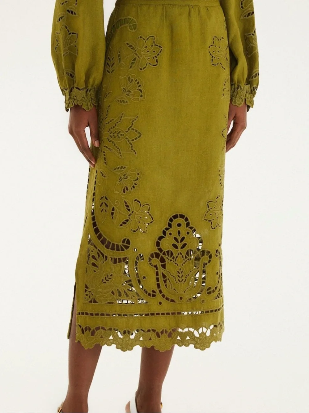 FARM Rio 100% Linen Olive Green Cutwork Midi Skirt - Picture 9 of 10